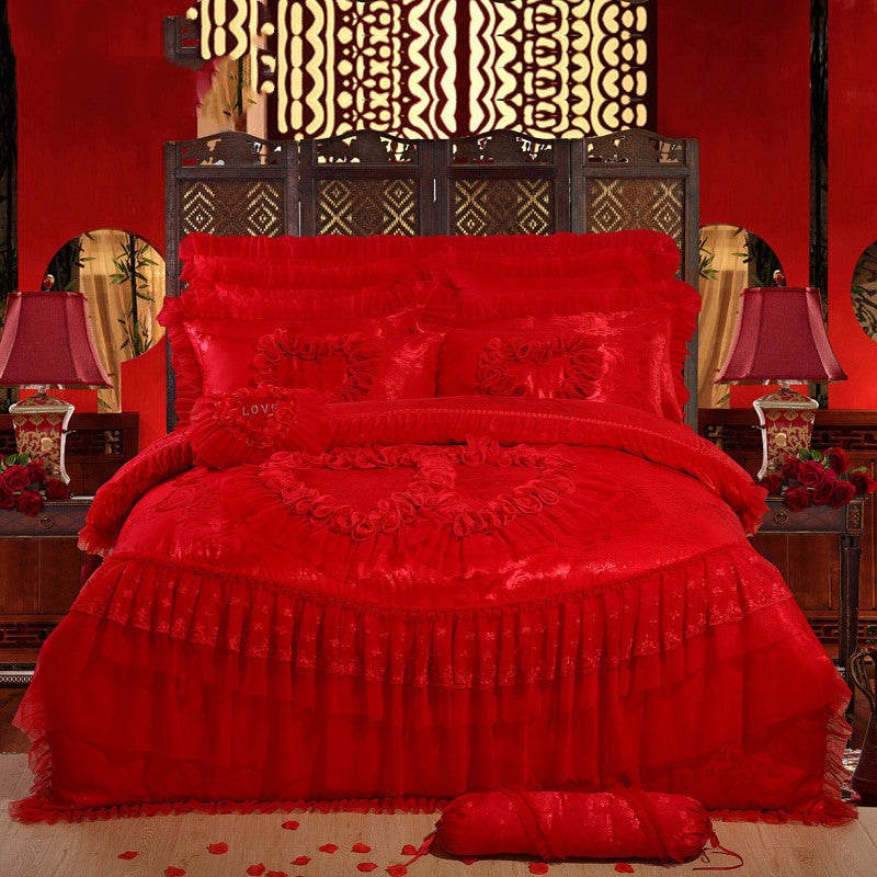 HKM-570515 Jacquard Wedding Lace Embroidery Quilt Set - Multi-Piece Cotton Bedding Collection