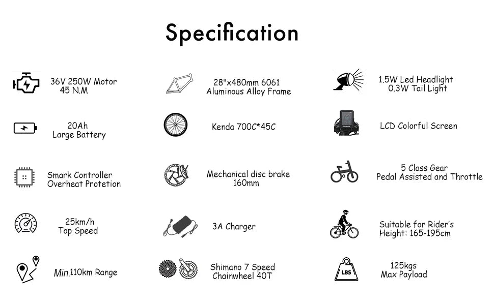 HKM-570835 36V 250W Mid Motor City Electric Bike with 20AH Hidden Battery and 7-Speed Gears