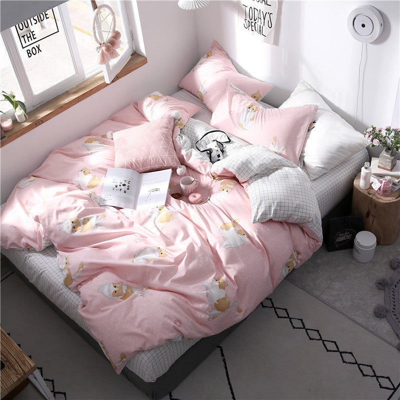 HKM-570835 Four-Piece Cotton Bedding Set with Reactive Printing - Includes Quilt Cover, Bed Sheets, and Pillowcases in Various Sizes