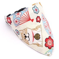HKM-5710013 Japanese-Style Triangle Scarf for Dogs - Scalable Cotton and Hemp Fabric with Soft PU Leather Collar