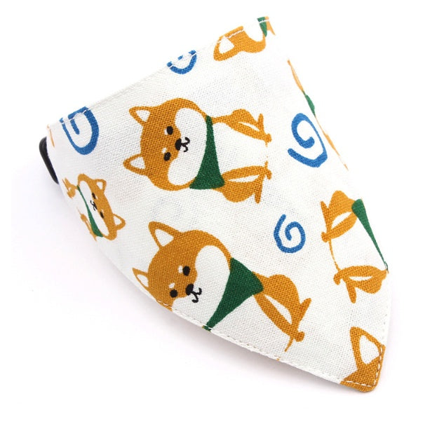 HKM-5710013 Japanese-Style Triangle Scarf for Dogs - Scalable Cotton and Hemp Fabric with Soft PU Leather Collar