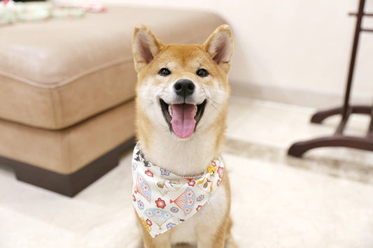 HKM-5710013 Japanese-Style Triangle Scarf for Dogs - Scalable Cotton and Hemp Fabric with Soft PU Leather Collar