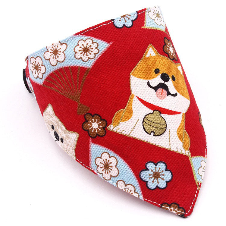 HKM-5710013 Japanese-Style Triangle Scarf for Dogs - Scalable Cotton and Hemp Fabric with Soft PU Leather Collar