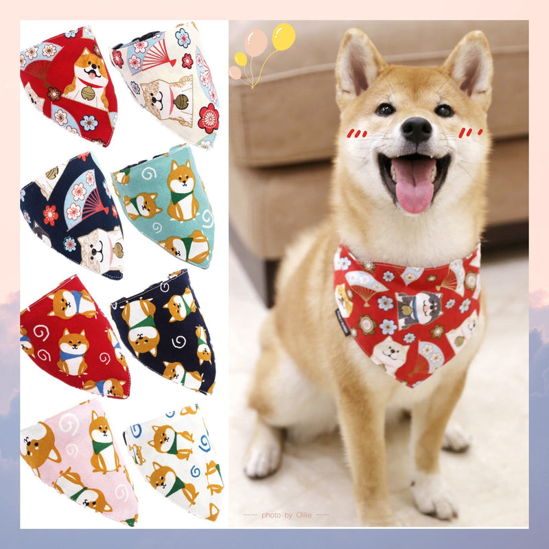 HKM-5710013 Japanese-Style Triangle Scarf for Dogs - Scalable Cotton and Hemp Fabric with Soft PU Leather Collar