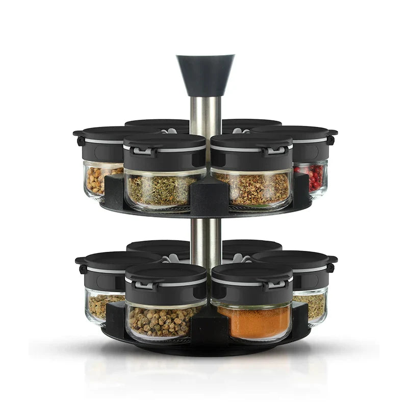 HKM-571219 Adjustable Stainless Steel Rotating Spice Rack with Glass Salt and Pepper Shaker for Cabinet Storage