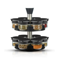HKM-571219 Adjustable Stainless Steel Rotating Spice Rack with Glass Salt and Pepper Shaker for Cabinet Storage