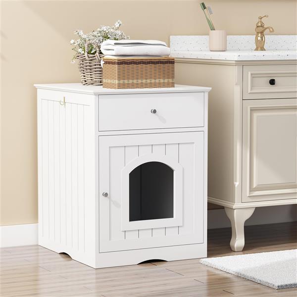 HKM-5712445 White MDF Cat Litter Box Enclosure with Easy Assembly and Ample Space