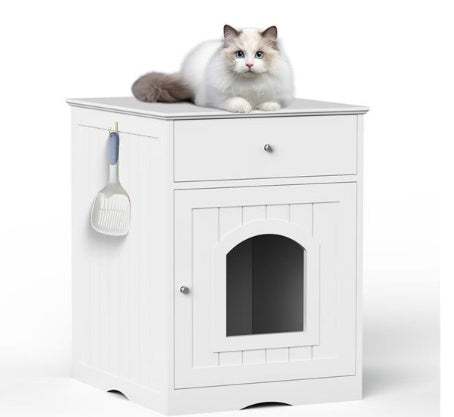 HKM-5712445 White MDF Cat Litter Box Enclosure with Easy Assembly and Ample Space