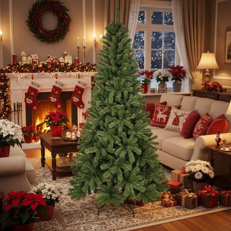 HKM-571475 7FT Artificial Christmas Tree with 774 Dense PVC Tips and Metal Stand for Holiday Decor