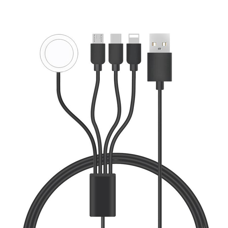 HKM-572051 Four-in-One Charging Cable for Apple and Android Devices with Type-C, Micro, iPhone, and iWatch Compatibility