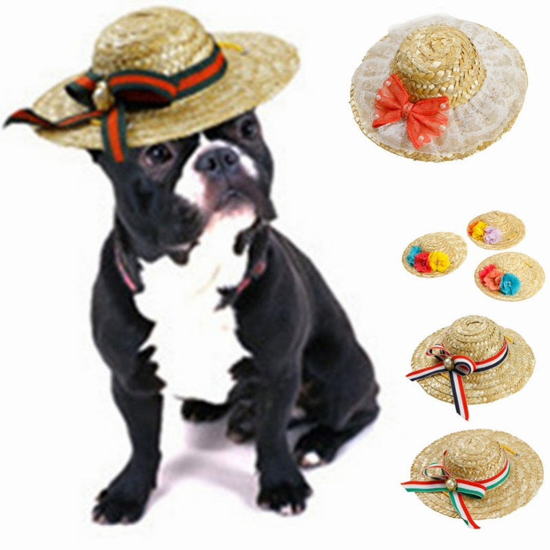 HKM-5722301 Stylish Straw Hat for Pet Shade - Perfect for Cats and Dogs