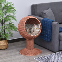 HKM-5722557 Elevated Cat Bed with Rotatable Pod, Thick Cushion, Natural Mat Grass, Cozy Kitty House - Brown