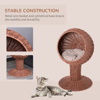 HKM-5722557 Elevated Cat Bed with Rotatable Pod, Thick Cushion, Natural Mat Grass, Cozy Kitty House - Brown
