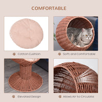 HKM-5722557 Elevated Cat Bed with Rotatable Pod, Thick Cushion, Natural Mat Grass, Cozy Kitty House - Brown