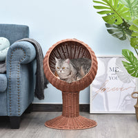 HKM-5722557 Elevated Cat Bed with Rotatable Pod, Thick Cushion, Natural Mat Grass, Cozy Kitty House - Brown