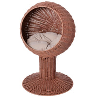 HKM-5722557 Elevated Cat Bed with Rotatable Pod, Thick Cushion, Natural Mat Grass, Cozy Kitty House - Brown