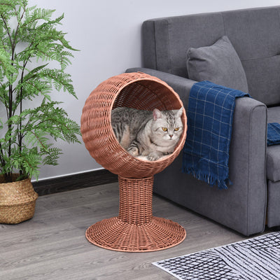HKM-5722557 Elevated Cat Bed with Rotatable Pod, Thick Cushion, Natural Mat Grass, Cozy Kitty House - Brown