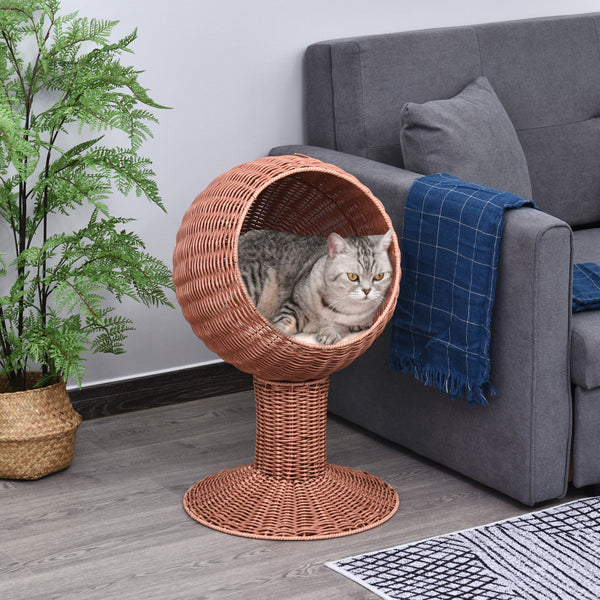 HKM-5722557 Elevated Cat Bed with Rotatable Pod, Thick Cushion, Natural Mat Grass, Cozy Kitty House - Brown