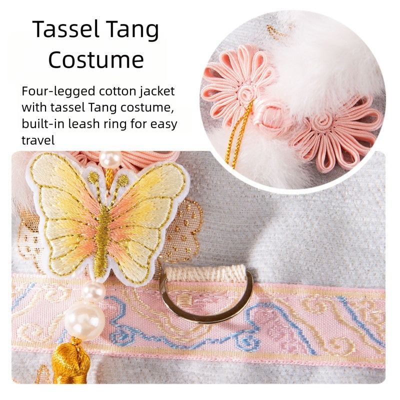 HKM-5722685 Traditional Chinese Style Embroidered Floral Dog Cheongsam Coat with Faux Fur Trim and Tassel