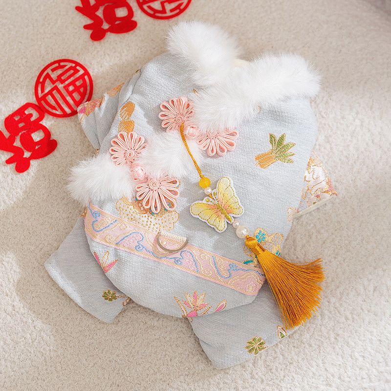 HKM-5722685 Traditional Chinese Style Embroidered Floral Dog Cheongsam Coat with Faux Fur Trim and Tassel
