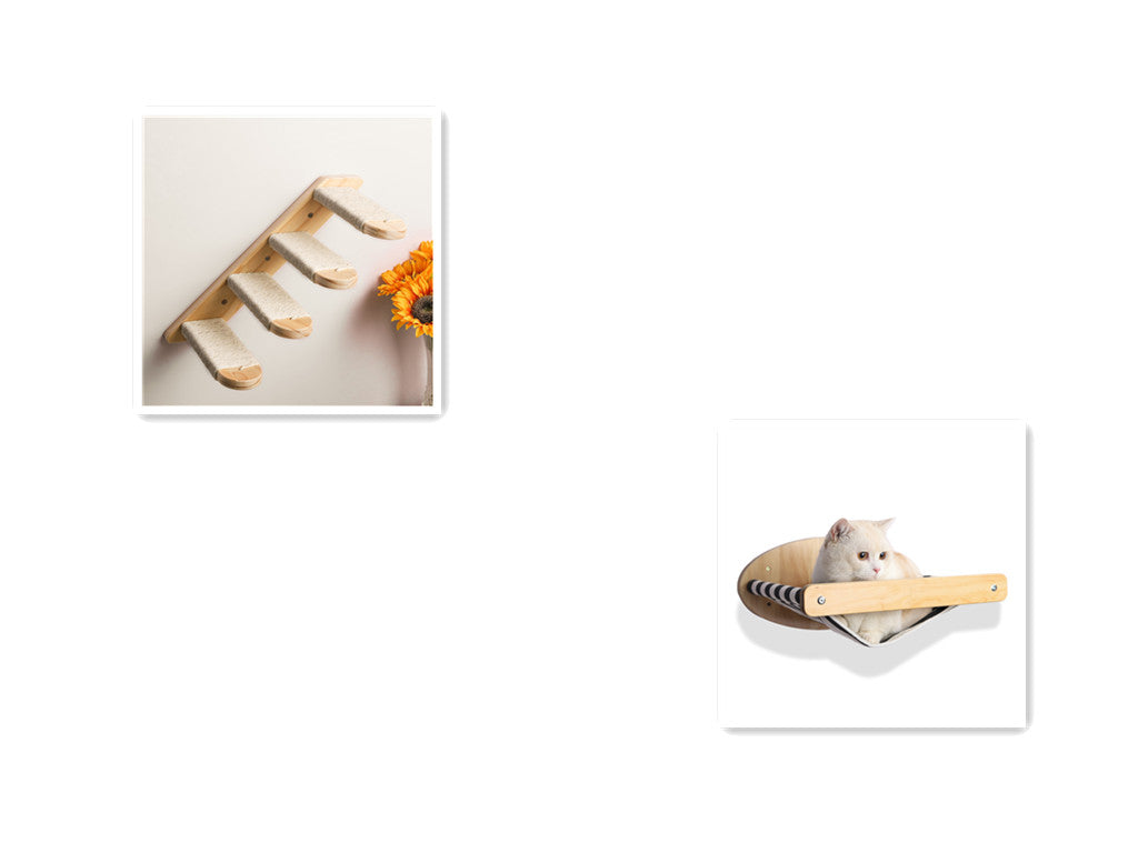 HKM-5731261 Pine Wood Cat Climbing Frame with Hammock and Staircase - Multi-Level Cat Wall Toy