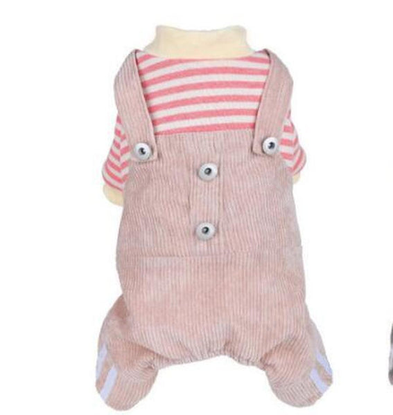 HKM-573395 Khaki and Wine Red Striped Corduroy Four-Legged Dog Outfit for Autumn and Winter