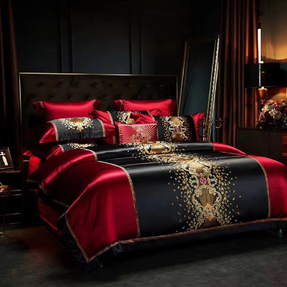 HKM-574291 Silk Cotton Embroidery Four-Piece Bedding Set with Duvet Cover and Pillowcases