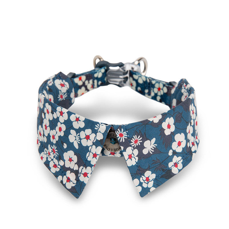 HKM-5743165 Floral Blue & Red Dog Collar with Bow Tie - Multiple Sizes Available