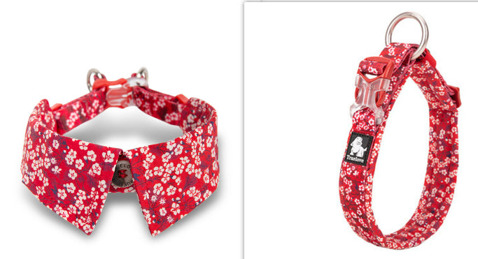 HKM-5743165 Floral Blue & Red Dog Collar with Bow Tie - Multiple Sizes Available