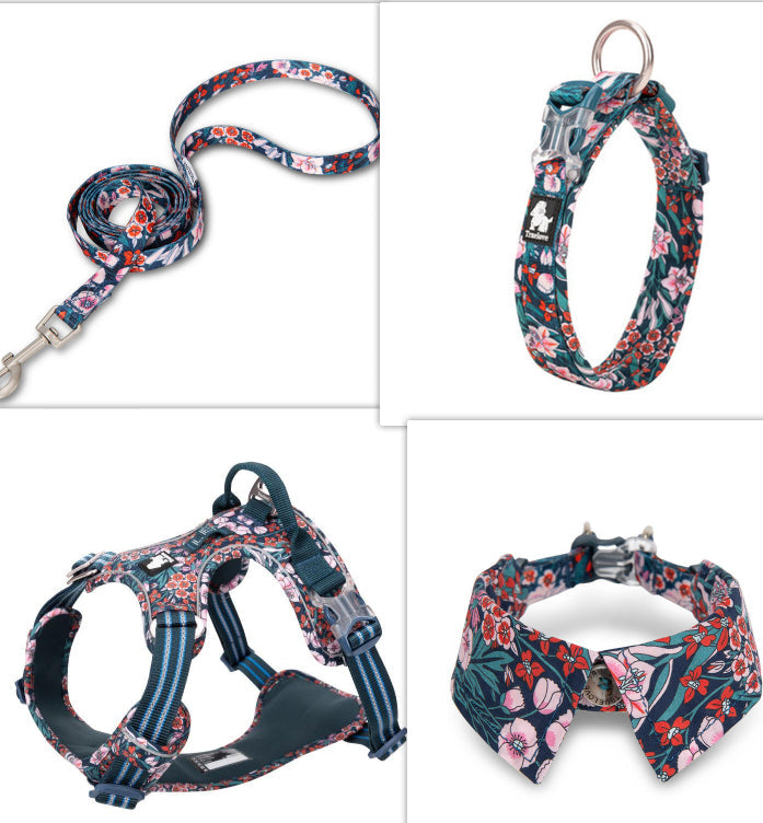 HKM-5743165 Floral Blue & Red Dog Collar with Bow Tie - Multiple Sizes Available