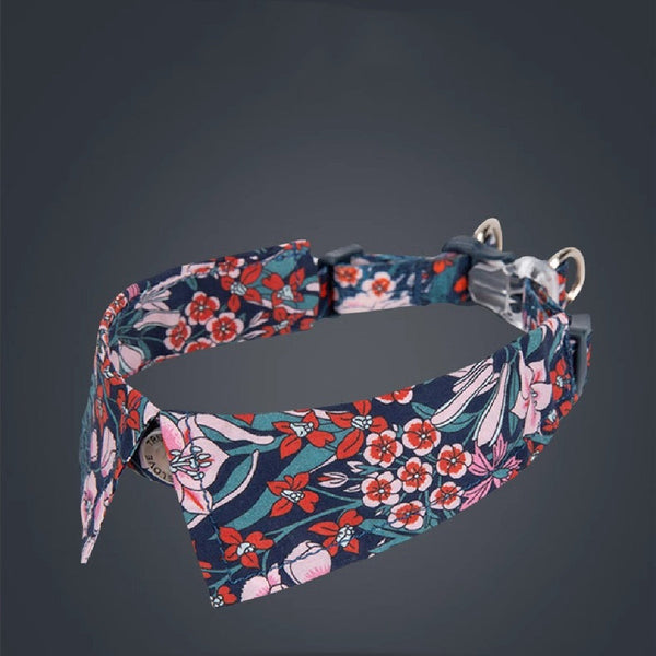 HKM-5743165 Floral Blue & Red Dog Collar with Bow Tie - Multiple Sizes Available