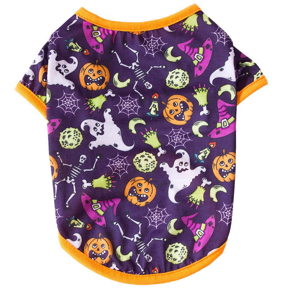 HKM-5743549 Halloween-inspired Dog T-Shirt with Black Bat, Magic Hat and Pumpkin Design