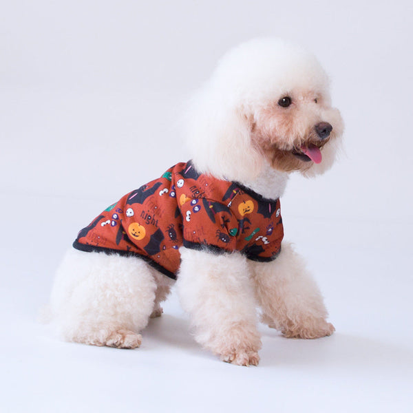 HKM-5743549 Halloween-inspired Dog T-Shirt with Black Bat, Magic Hat and Pumpkin Design