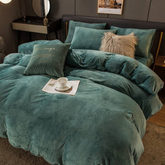 HKM-574739 Flannel Double Bed Set - Thermal Insulation, Thick Coral Velvet, 4-Piece Bedding Collection in Multiple Colors