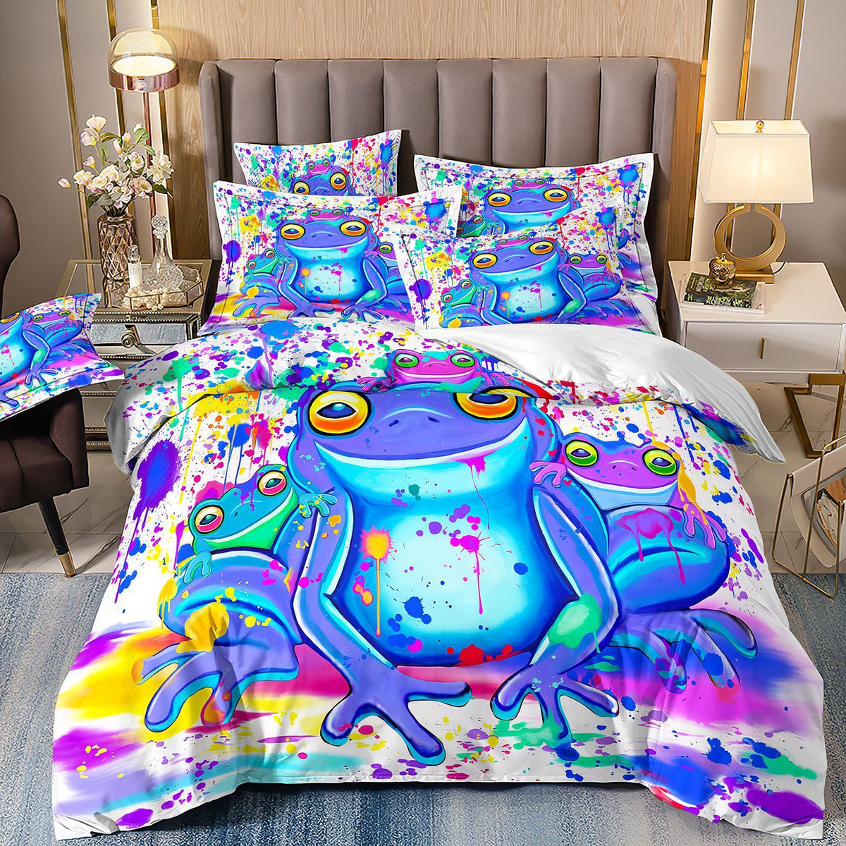 HKM-575123 Cartoon Frog and Salamander Three-Piece Kids Bedding Set, Available in Multiple Sizes
