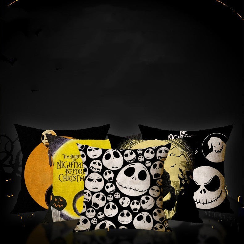 HKM-575251 Linen Skull Halloween Pillow Cover - 45x45cm Decorative Cushion Case