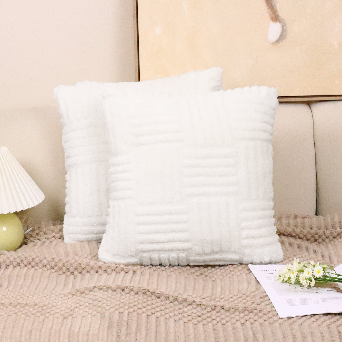 HKM-576339 Woven Plush Pillow Cover in Striped and Solid Colors - 45x45cm