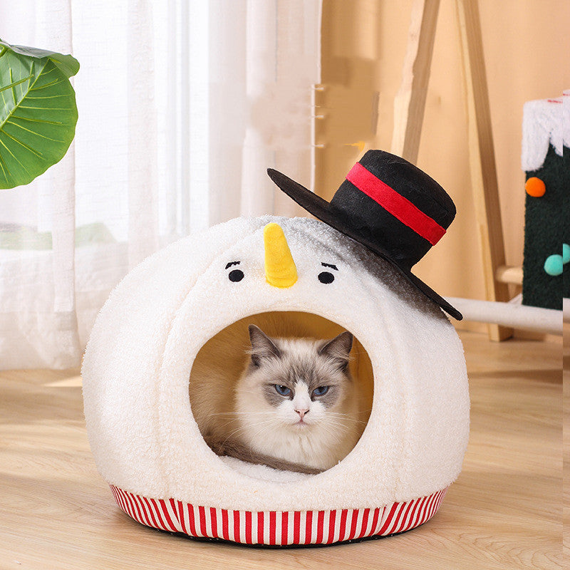 HKM-5766461 Cozy White Snowman Cat Nest for Winter Comfort, 38 x 40cm