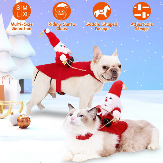 HKM-5766589 Pet Christmas Costume - Red Winter Coat with Riding Santa Claus Design, Adjustable Fit for Dogs and Cats, Multi-Size Options Available