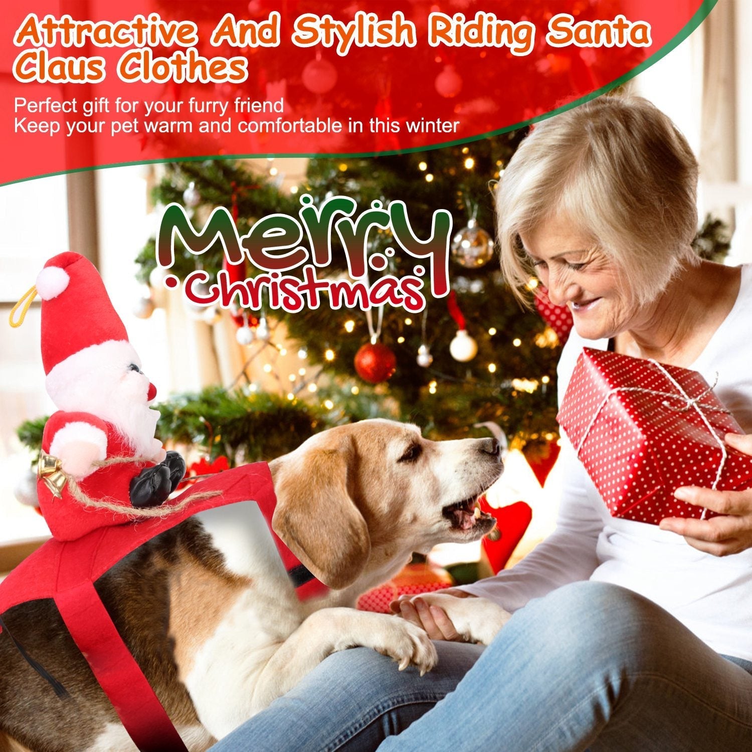 HKM-5766589 Pet Christmas Costume - Red Winter Coat with Riding Santa Claus Design, Adjustable Fit for Dogs and Cats, Multi-Size Options Available