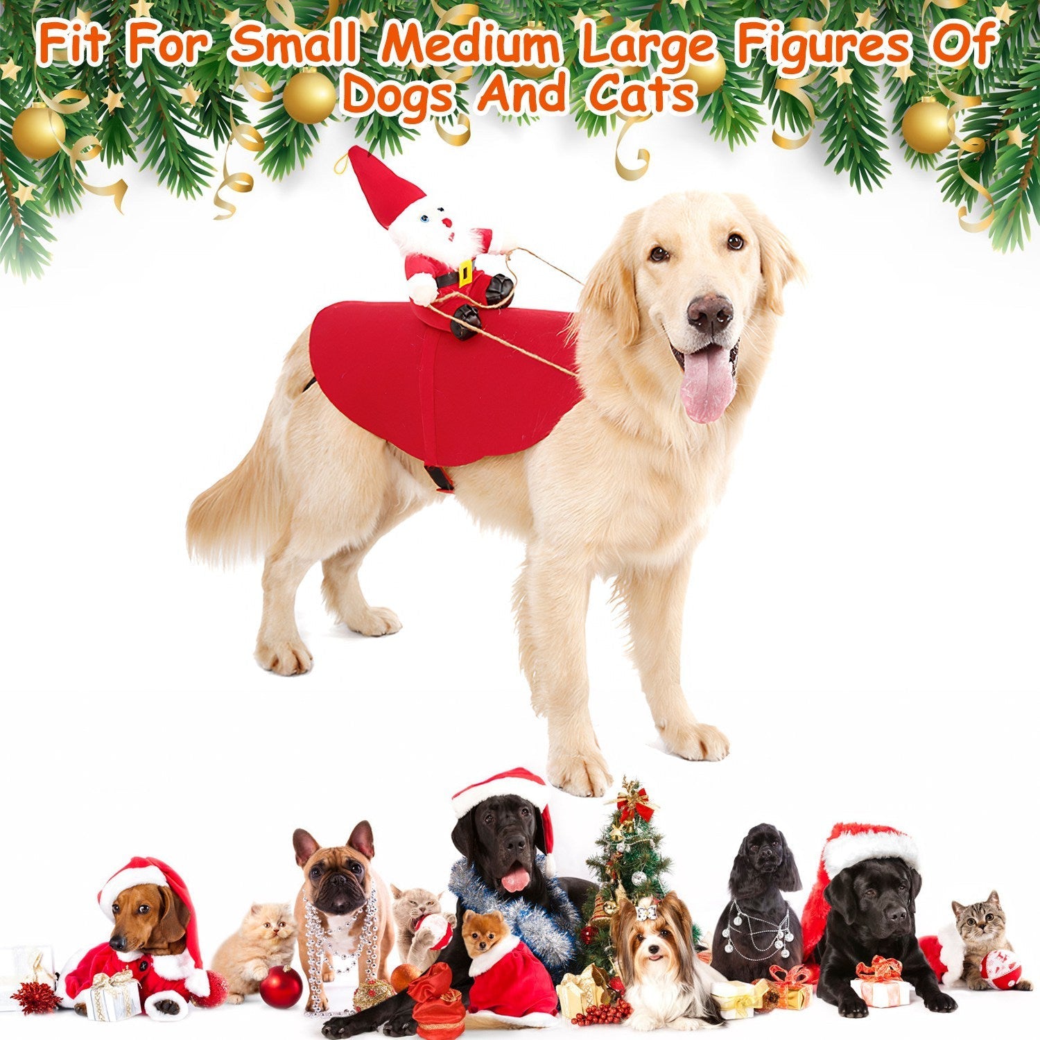 HKM-5766589 Pet Christmas Costume - Red Winter Coat with Riding Santa Claus Design, Adjustable Fit for Dogs and Cats, Multi-Size Options Available