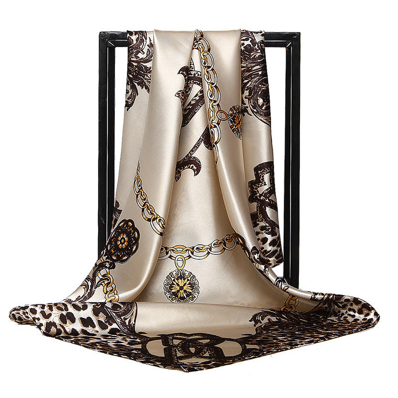 HKM-576659 Multi-Color Silk Satin Leopard Chain Scarf - 90 cm x 90 cm