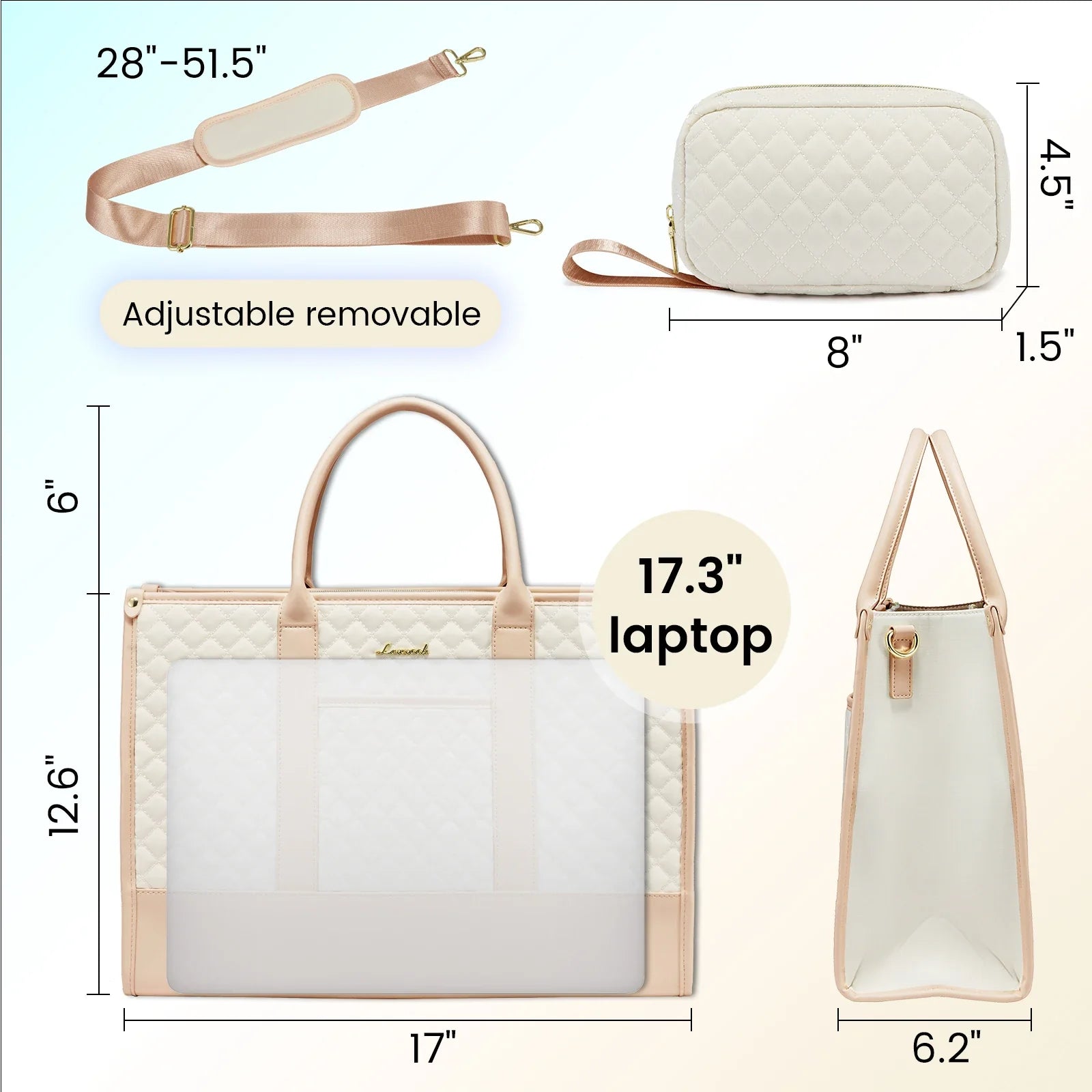 HKM-576659 Quilted Waterproof Laptop Tote Bag for Women, 15.6-Inch Work and Travel Shoulder Bag with Clutch
