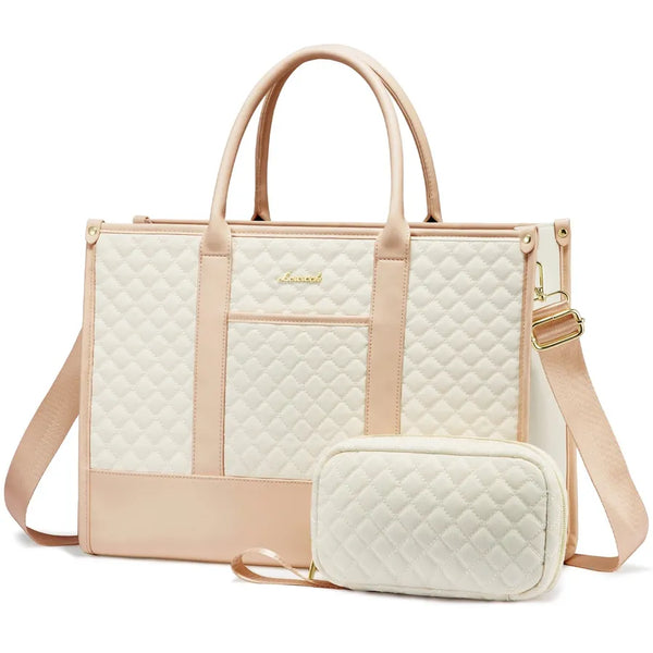 HKM-576659 Quilted Waterproof Laptop Tote Bag for Women, 15.6-Inch Work and Travel Shoulder Bag with Clutch