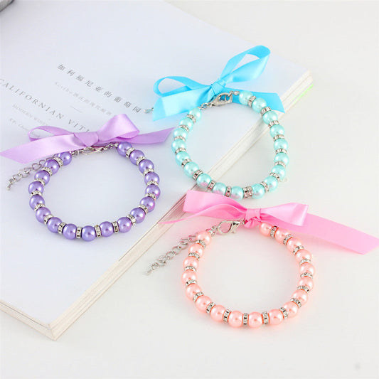 HKM-576787 Striped Pearl Necklace Pet Collar in Purple, White, Pink, and Lake Blue - Available in Sizes S, M, L