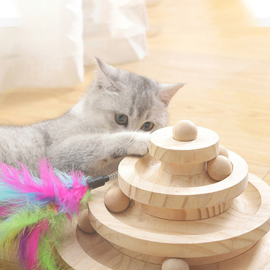 HKM-5771453 Solid Wood Cat Turntable in Log Color - Three Layer Climbing Frame, 26x13.5cm/19x10cm