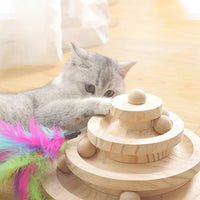 HKM-5771453 Solid Wood Cat Turntable in Log Color - Three Layer Climbing Frame, 26x13.5cm/19x10cm