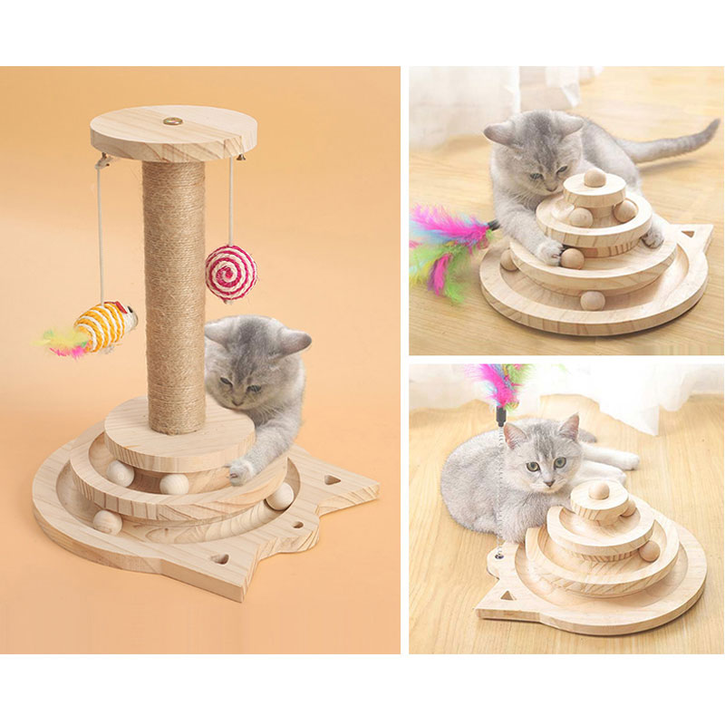 HKM-5771453 Solid Wood Cat Turntable in Log Color - Three Layer Climbing Frame, 26x13.5cm/19x10cm