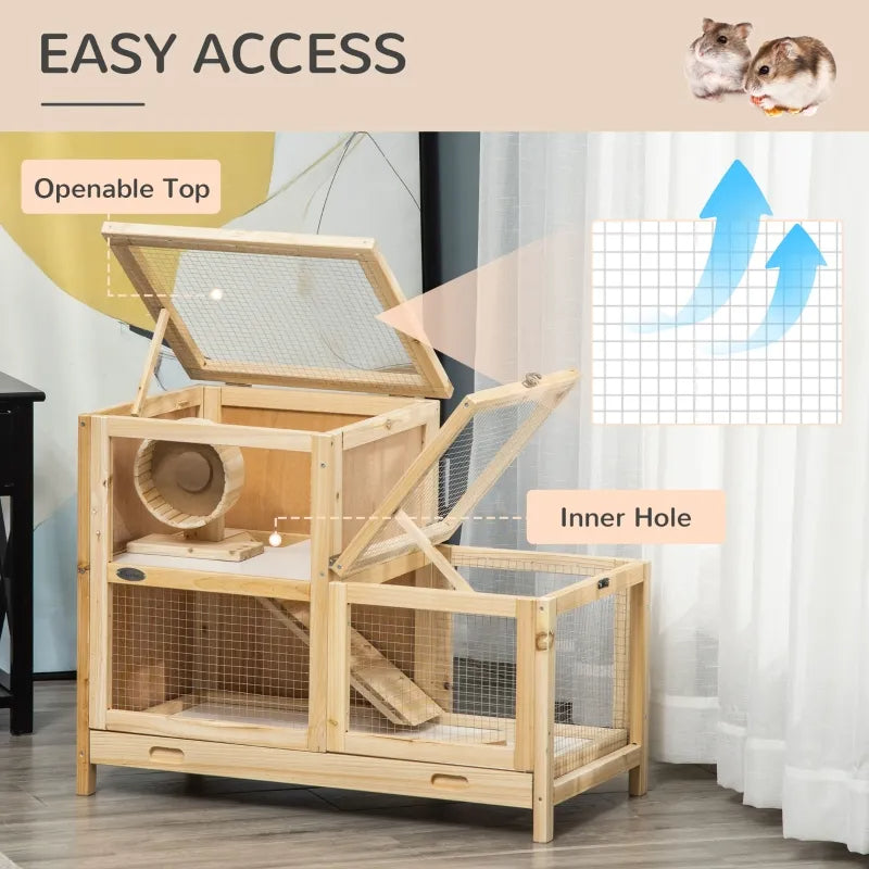 HKM-5771837 2-Tier Wooden Hamster Cage with Seesaw, Running Wheel & Tray for Small Animals