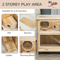HKM-5771837 2-Tier Wooden Hamster Cage with Seesaw, Running Wheel & Tray for Small Animals